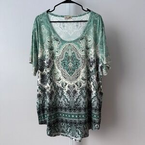 Y2K One World 3X Green Paisley Medallion Babydoll Fairy Grunge 90s Blouse Top